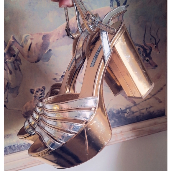 Prada Shoes - Prada Calzature Donna Strappy Silver/Gold Metallic Platform Heels EU 39 US 8/8.5